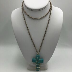 Vintage Turquoise Long Cross Pendant Necklace Handmade Religious Spiritual